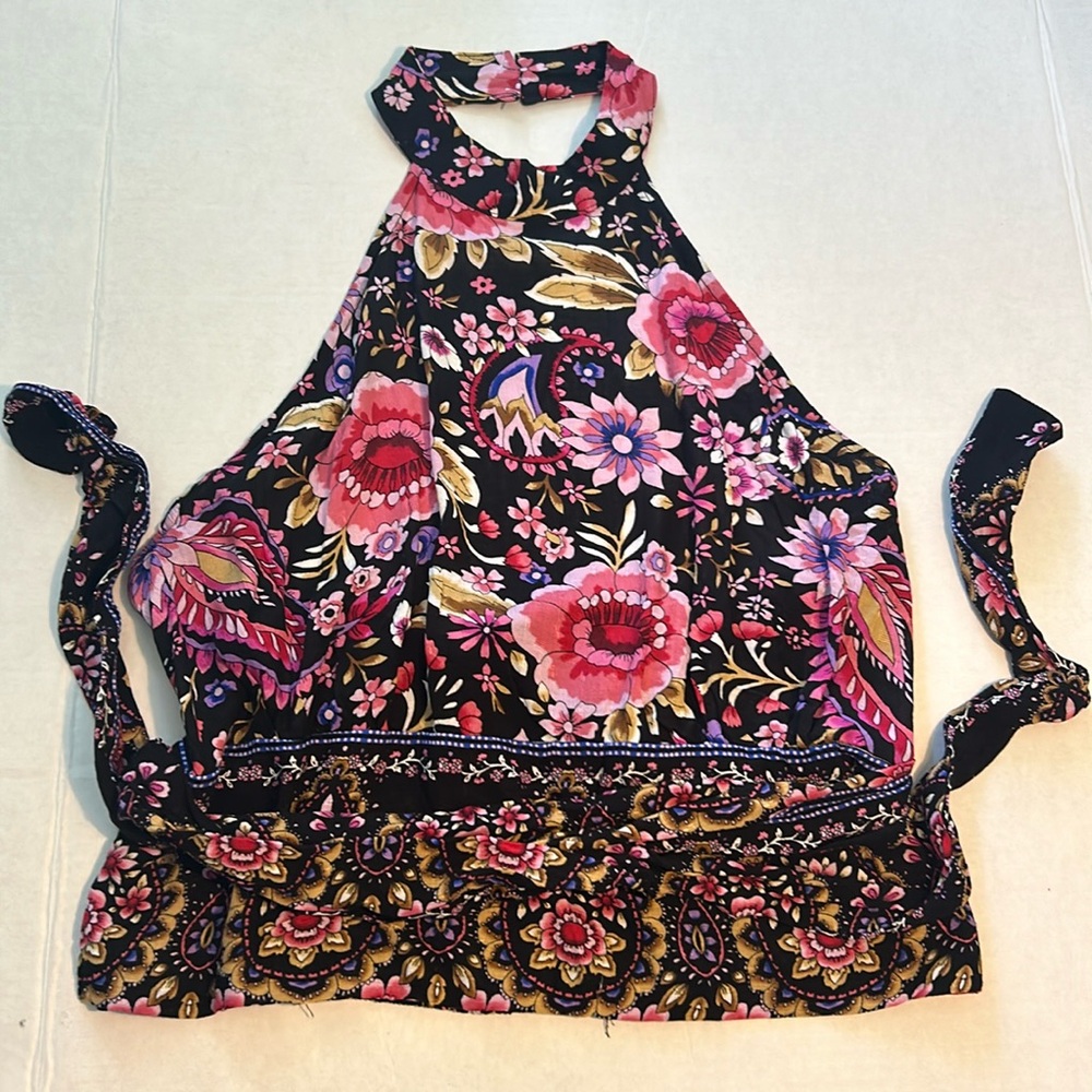 Cynthia Rowley Medium Top Floral Black Halter Smocked Back Wrap Belted NWT